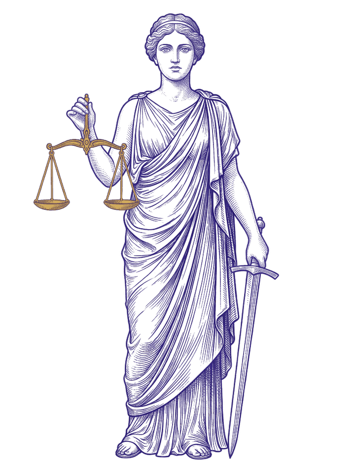Justice med vekten i likevekt og sverdet senket mot bakken